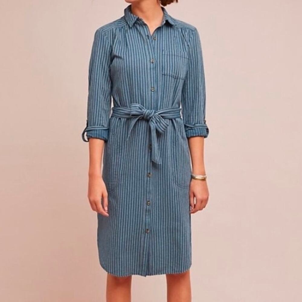 Anthropologie Bellamy Belted Striped Shirt Dress